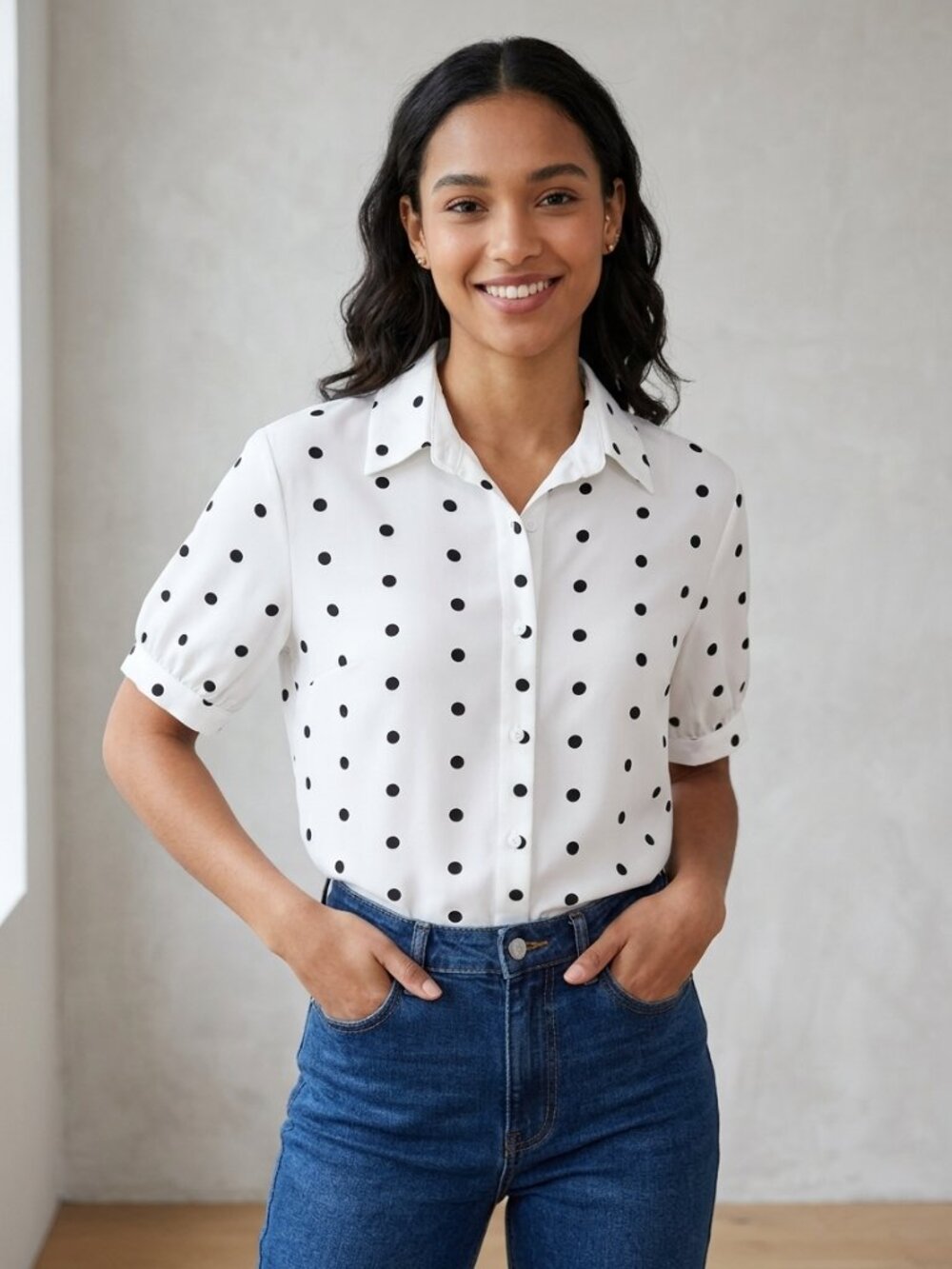 Women's short-sleeved, polka dot button-up blouse